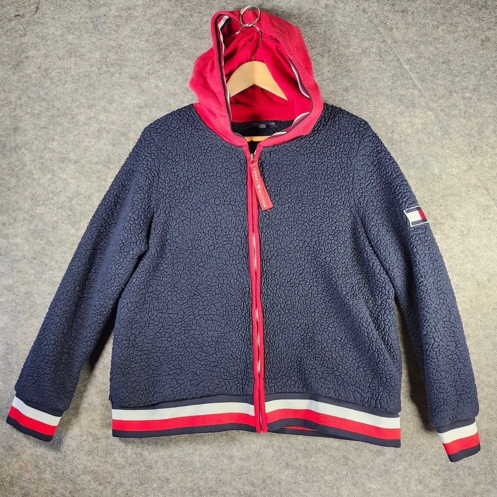 Tommy Hilfiger Womens Faux-Sherpa Fleece Lined Hoodie Jacket Navy Red XL Logo